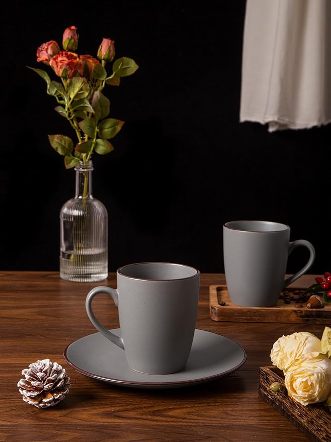 Famiware Venus Plates and Bowls Sets with Coffee Mugs Set 18 Pieces Stoneware Dinnerware Sets Dark Gray