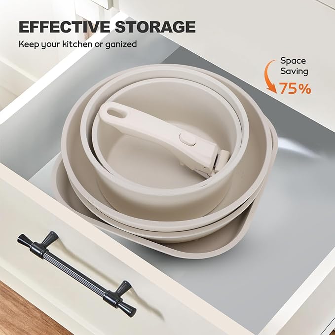 20 Piece Ceramic Pots and Pans Set Non Stick Cookware Set with Detachable Handles Oven Safe Induction Ready Stackable RV Kitchen Cooking Set Cream White