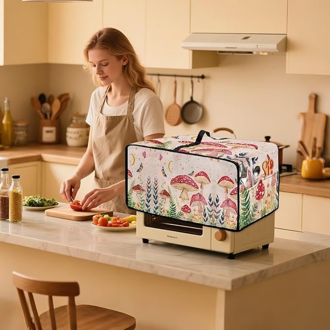 Mushroom Butterfly Toaster Oven Cover Heavy Duty Heat-resistant Waterproof Dust-Proof Protective Case with Side Pockets for Bake Air Fry Toaster Oven Easy Maintenance