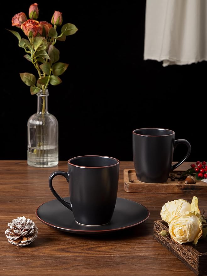 Famiware Venus Plates and Bowls Sets with Coffee Mugs Set 18 Pieces Stoneware Dinnerware Sets Black