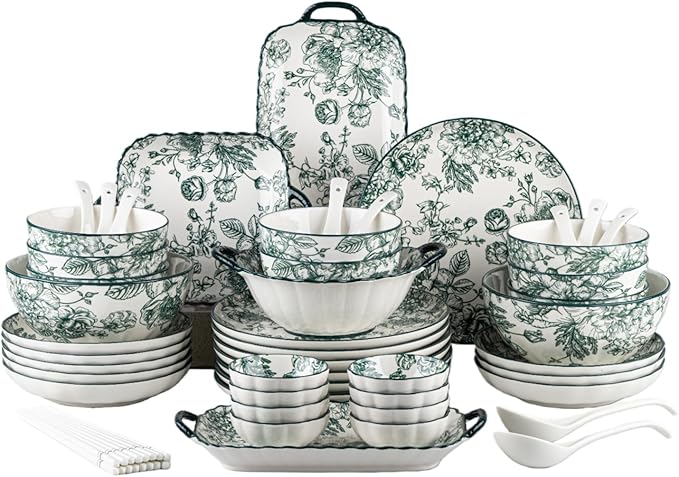 56 Piece Ceramic Dinnerware Set Microwave &amp Dishwasher Safe Plates and plates and bowls setss Sets with Green Rose Pattern Porcelain Dishware Sets for Kitchen &amp Dining