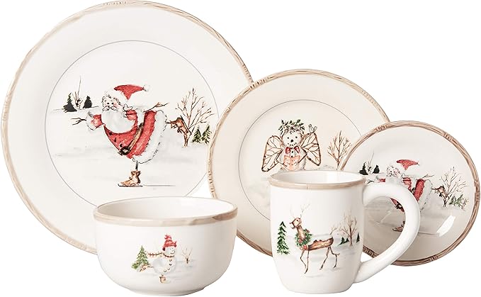 American Atelier Christmas Twig Holiday Dinnerware Set – 20-Piece Christmas-Themed Earthenware Dinner Party Collection Unique Gift Idea for Christmas or Birthday Cream
