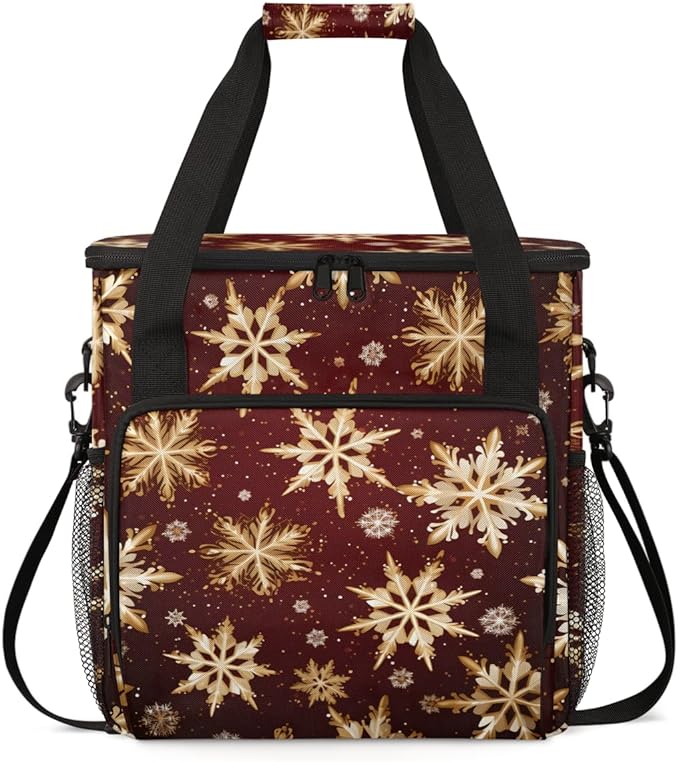 Xmas Snowflakes Coffee Maker Carrying Bag Bright Snowflakes Travel Storage Bag Compatible with K-Mini or K-Mini Plus Single Serve Coffee Brewer Carrying Case with Multiple Pockets &amp Shoulder Str