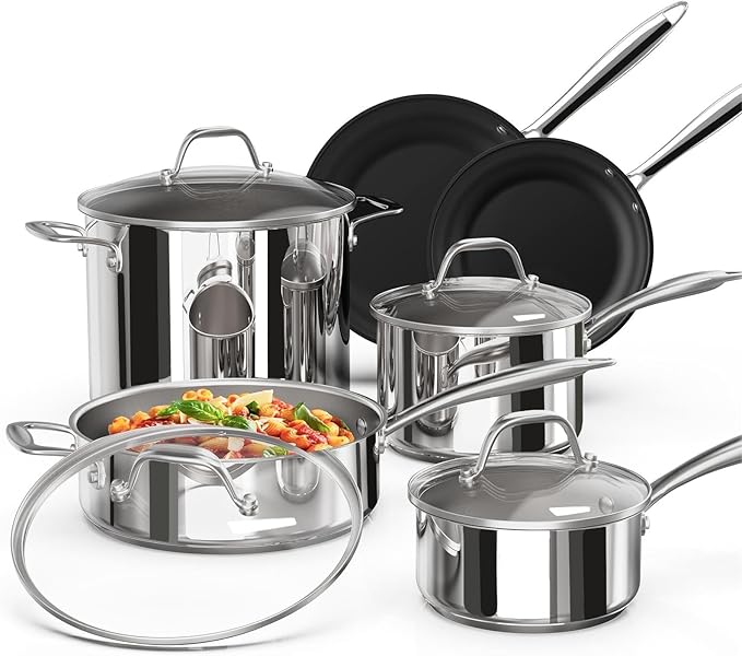 For StainleSteel Pots and Pans Set 10 Piece Kitchen Cookware Set with