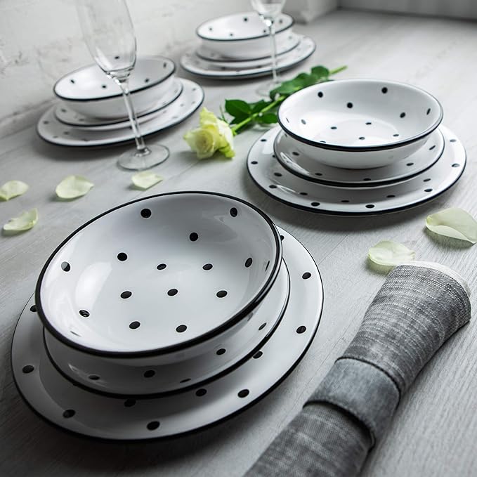 Handmade White and Black Polka Dot Ceramic 12 piece Dinnerware Set | Pottery Tableware Service for 4 | Dinner Plates | Side Plates | Bowls | Housewarming Gift by City to Cottage®
