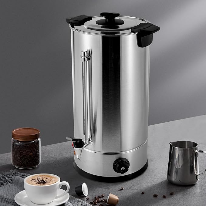 Commercial Coffee MakerStainless Steel Coffee Urn with Temperature Control Coffee Maker Hot Water Urn for Catering (25L1.4KW Silver Black)