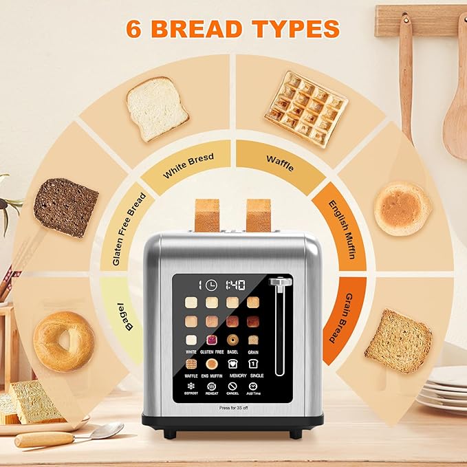 2 Slice Toaster Touch Screen Stainless Steel Toasters Digital Timer 2 Slot Toasters 8 Shade Settings 6 Bread Types for Bagel Cancel Defrost（Stainless Steel）