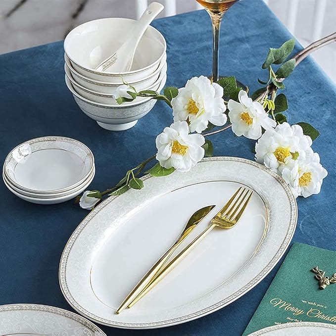 White Round Porcelain Dinnerware Set Dishes/Plate/Bowl Set Fine Bone China Dinnerware Sets Clearance Collection Ceramic Kitchen And Dining Sets For HomeB56 Pcs Service For 1058 Pcs Service for 1
