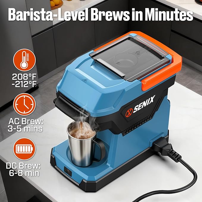 SENIX Portable Coffee Maker with 5000mAh Battery Dual AC/DC Electric Coffee Machine for Car/RV/Camping Cordless Outdoor Travel Brewer Compatible with Ground &amp ESE Pods Included Cup