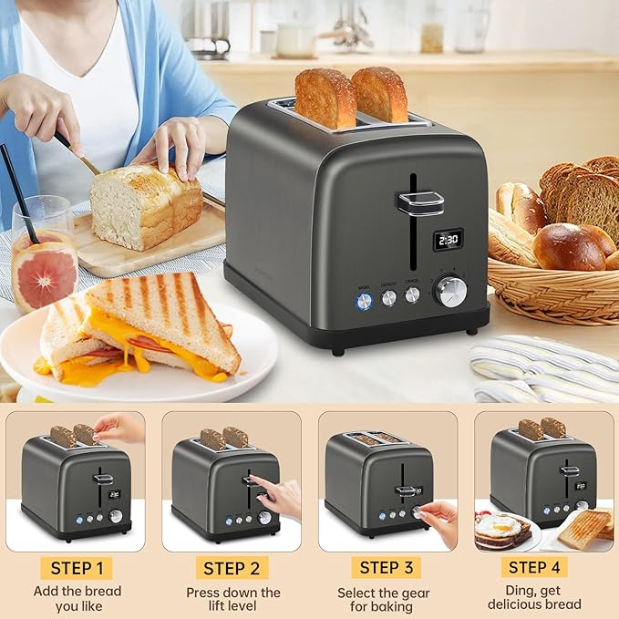 SEEDEEM Toaster 2 Slice LCD Display 7 Shade Settings 1.4'' Wide Slots Stainless Steel Digital Toaster for Bagel Defrost Reheat Removable Crumb Tray 900W Grey