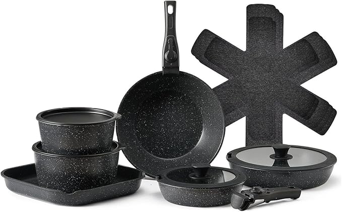 17 Piece Pots and Pans Set Nonstick Granite Cookware Induction Compatible Kitchen Cookware Set with Detachable Handles Black