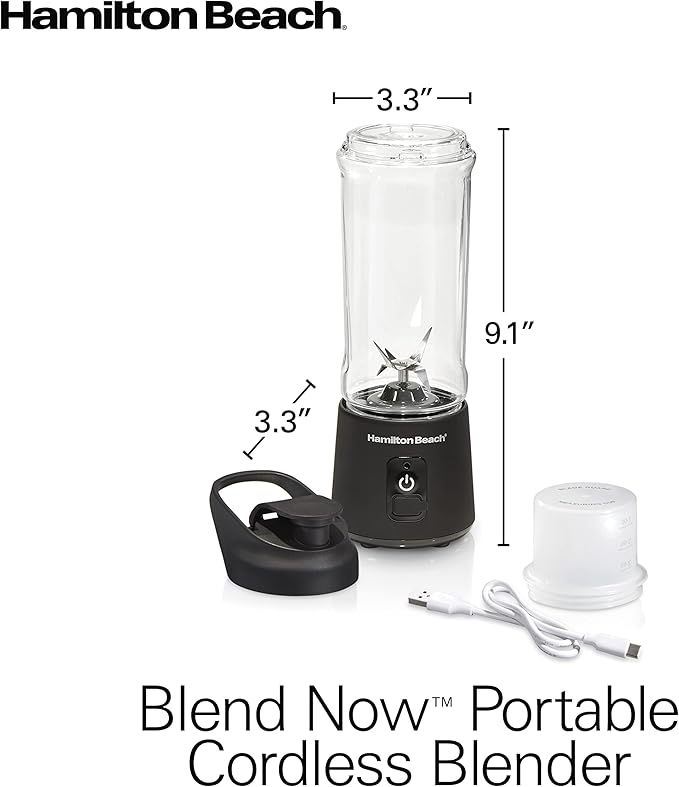 Hamilton Beach Mini Cordless Portable Personal Blender for Shakes and Smoothies USB Rechargeable 16 oz. Jar with Leakproof Travel Lid 6 Stainless Steel Blades Black (51180)