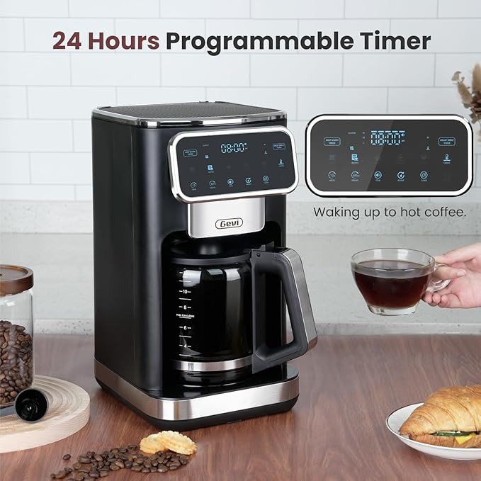 Gevi 12-Cup Programmable Coffee Maker with Touchscreen Strong Brew &amp Iced Coffee Options Auto Shut-Off 4-Hour Keep Warm Glass Carafe Anti-Drip System Permanent Filter Included