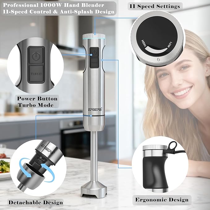 Handheld immersion Blender 11-Speed 1000W Immersion Blender with Anti-Splash Design Stainless Steel Blade for Blending Soup Smoothies MayonnaiseMaking Food Is More Convenient