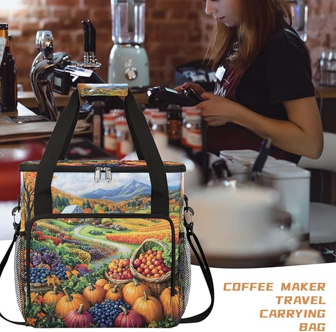 Autumn Grapes Pumpkin Maple Leaves Coffee Maker Carring Bag Travel Carrying Storage Tote Bag Compatible with Keurig K-Mini or K-Mini Plus Portable Single Serve Coffee Brewer Case with Pockets