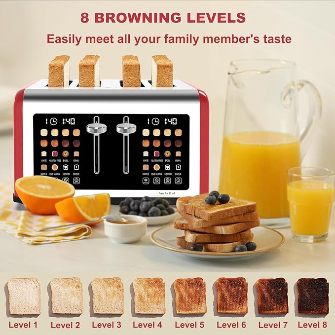 4 Slice Toaster Touch Screen Stainless Steel Toasters Digital Timer Dual Control Panel Toasters 8 Shade Settings 6 Bread Types for Bagel Cancel Defrost 1650W Red