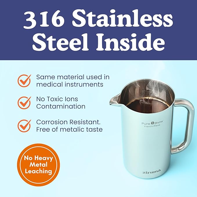 Ziruma Non-Toxic French Press Surgical Stainless Steel Coffee Press Plastic-Free Heavy Metal-Free No Endocrine Disruptors 34 Oz Double Wall 4-Layer Filter Portable Coffee Maker