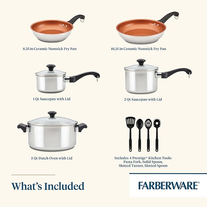 Farberware Classic Traditions Stainless Steel Cookware Induction Pots and Pans Set with Prestige Cooking Utensils 12 Piece - Stainless Steel