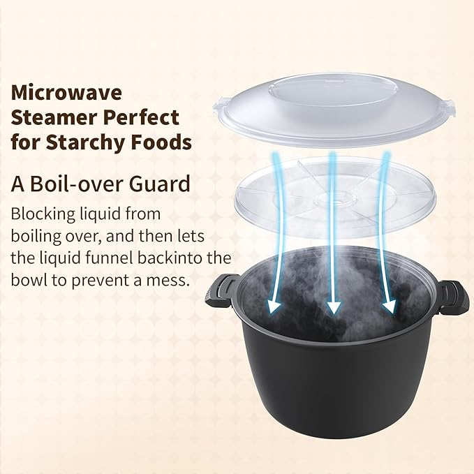 Professional Large Micro Cookware 3 Quart Microwave Rice Cooker Microwave Steamer for Vegetables Safe as Mixing and Serving Bowls Food Storage Container Cooker for Microwave- BPA Free Dishwasher