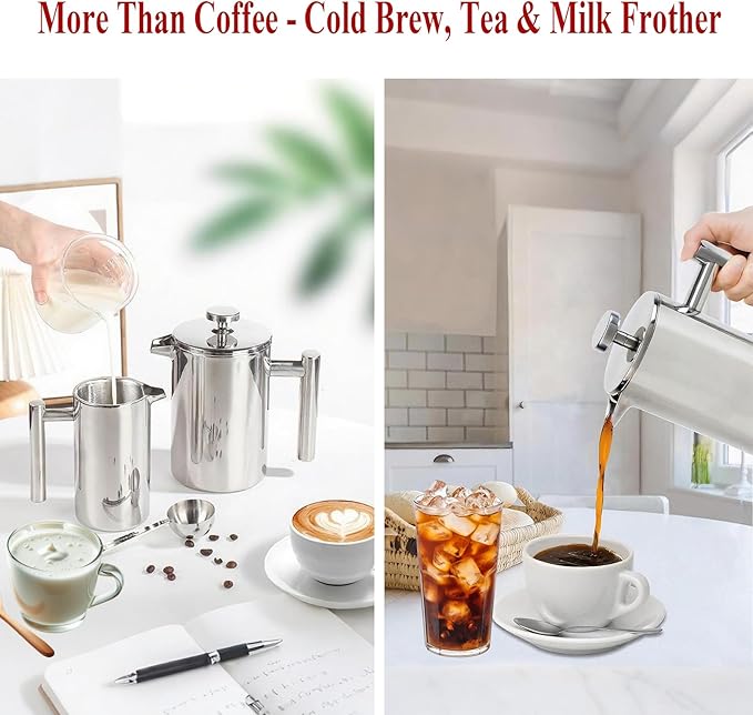 Stainless Steel French Press Coffee Maker - Portable Cafetiere 3 Cup Espresso Coffee Press - Double Wall Insulated Triple Mesh Filter - Perfect for Home Office Camping &amp Travel (20 Oz)