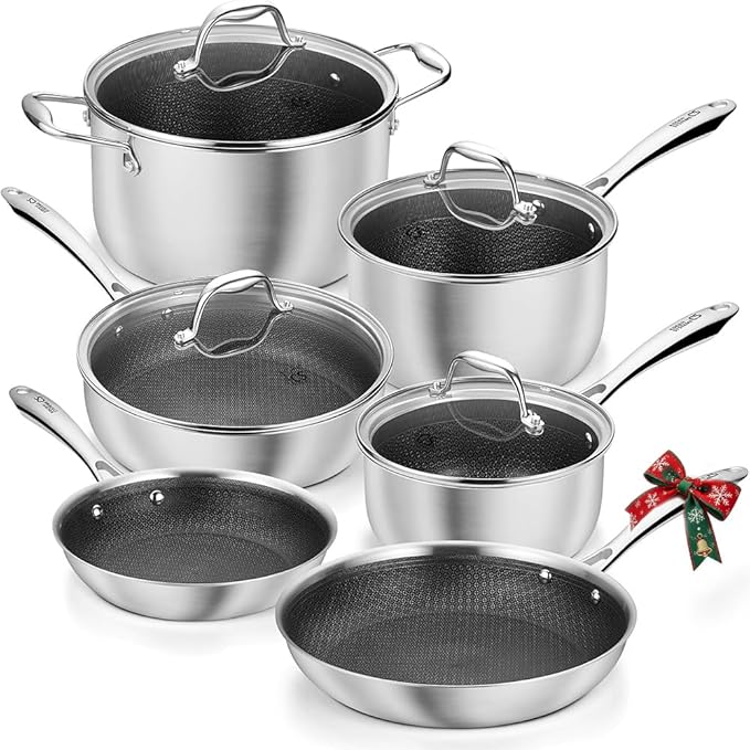 KOCH SYSTEME CS Triply Stainless Steel Cookware Set 10PCS Nonstick Hybrid Pots and Pans Set Nontoxic Kitchen Cookware Set with Honeycomb Interior Pots and Pans Set Non Stick Induction Compatible