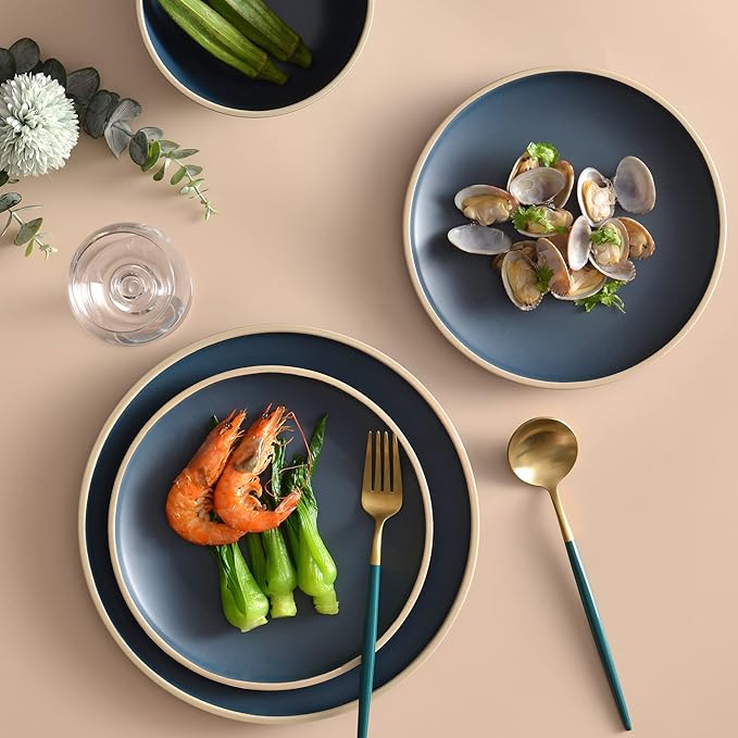 Melamine Dinnerware Sets for 4 Plates and Bowls Sets 12 Pcs Melamine Plates Nautical Dinnerware Sets Modern StyleDishwasher Safe BPA Free Suitable Indoor and Outdoor Use (Deep Blue)