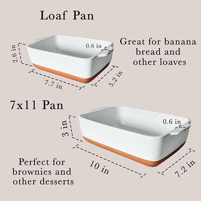 Mora 7x11in &amp Loaf Baking Dishes - Porcelain Casserole &amp Bakeware Oven-to-Table Freezer Safe - Set of 2 White