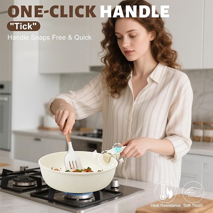Numola 10 pcs Pots and Pan Set Non Stick with Detachable Handle Ceramic Cookware Set for Stackable Induction Kitchen Cookware Set for RV Dishwasher ＆ Oven Safe Cream White