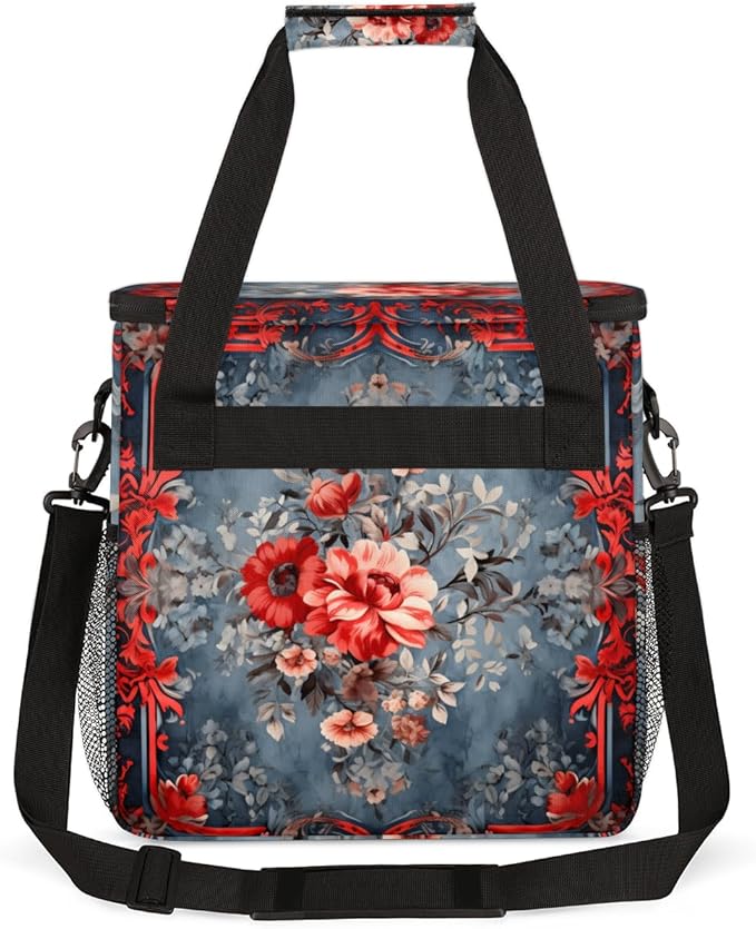 Rich Damask Coffee Maker Carrying Bag Vintage Flower Travel Storage Bag Compatible with K-Mini or K-Mini Plus Single Serve Coffee Brewer Carrying Case with Multiple Pockets &amp Shoulder Strap