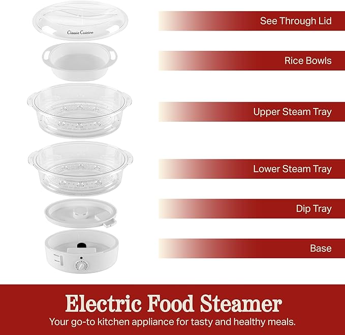 Vegetable Steamer Rice Cooker- 6.3 Quart Electric Steam Appliance with Timer for Healthy Fish Eggs Vegetables Rice Baby Food by Classic Cuisine 11D x 11W x 12.25H
