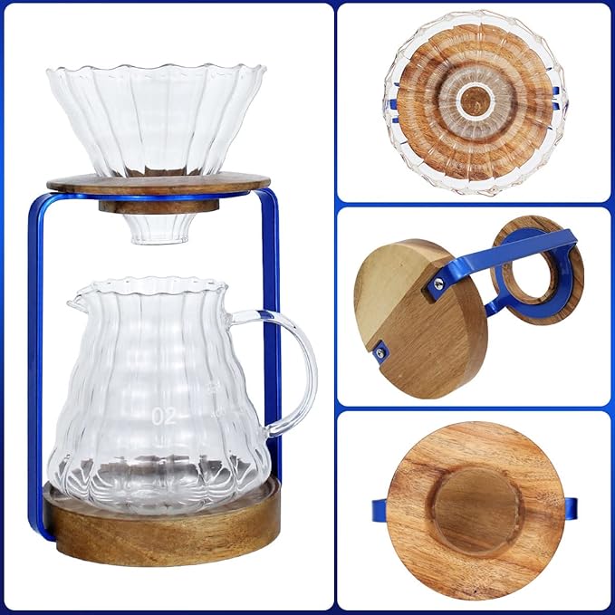 SOTECH Pour Over Coffee Dripper Stand with Metal Stand Wooden Filter Holder Glass Server with Paper Coffee Filters Coffee Maker Stand Set for Coffee Tea and Saffron