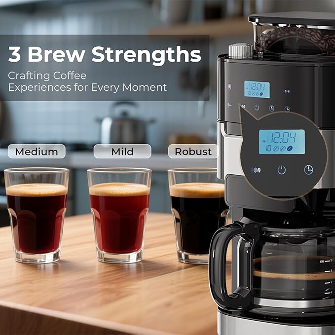 Drip Coffee Maker with Grinder Built In 10-Cup Grind and Brew Coffee Machine Fully Automatic Programmable with Brew Strength Permanent Filter Glass Carafe 50oz Water Tank Ideal for Home/Office