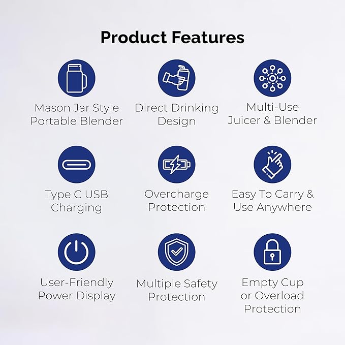 Personal Portable Blender For Shakes &amp Smoothies Leakproof &amp Stylish Portable Mason Jar Shaker Rechargeable Mini Blender with 10-Blade Blending System 14oz Dark Blue