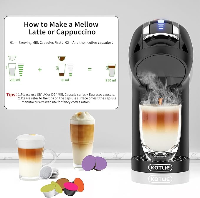 KOTLIE Single Cup Coffee Maker Multi Capsule Machine Compatible With Various Capsule Types 4 Temperature Settings 7 Water Volume Levels19 Bar(Glossy Black)