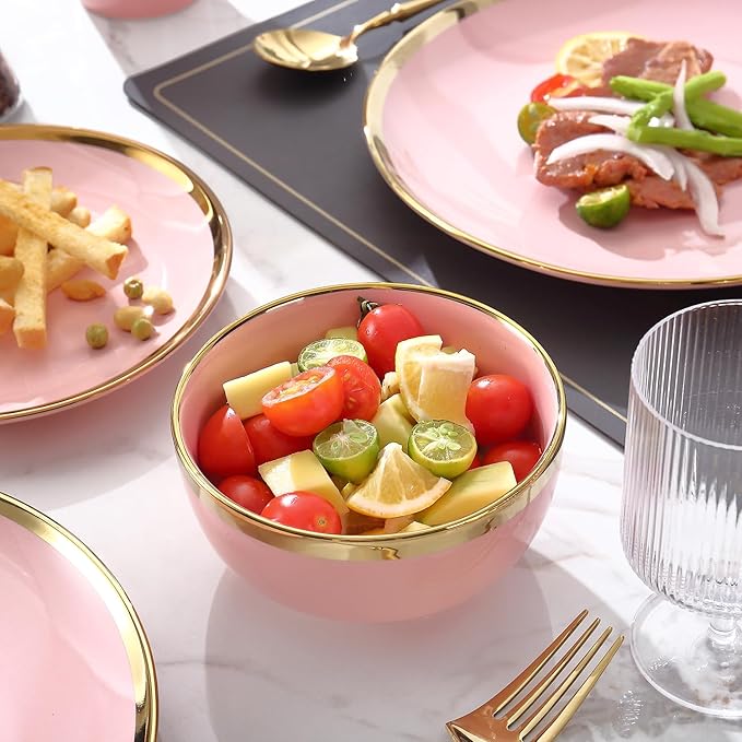 Modern Porcelain 16 Piece Pink Dinnerware Set Stoneware Dinnerware Sets for 4Plates and Bowls Sets Dinnerware with Gold Trim Gold Dish SetPink and Golden Rim.