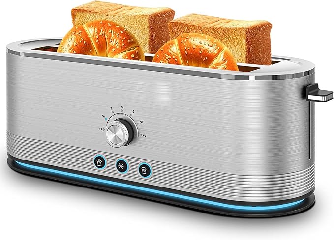 Long Slot Toaster 4 Slice Wide Slot Stainless Steel Toaster with 6 Browning Settings &amp Bagel Defrost/Reheat Functions Compact Kitchen Toasters with Removable Crumb Tray 1500W (Silver)