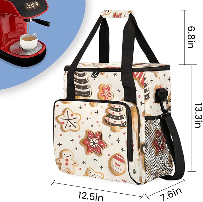 Dreamy Xmas Biscuit Coffee Maker Carrying Bag Portable Travel Storage Tote Bag Compatible with K-Mini or K-Mini Plus Single Serve Coffee Brewer Carrying Case with Multiple Pockets &amp Shoulder Str