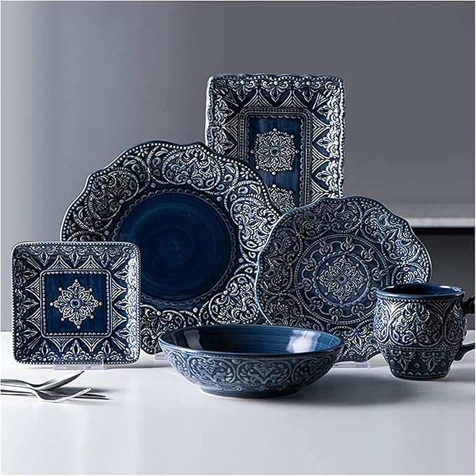 High-End Dinner Set Ceramics Dinner Sets 26 Pieces Porcelain Dinnerware Set | Relief Pattern Cereal Bowl and Steak Plate