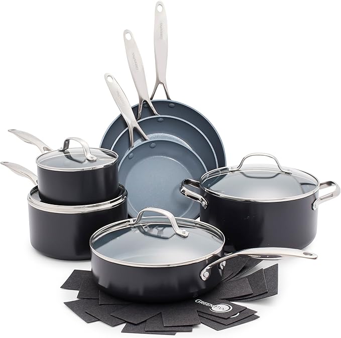 GreenPan Valencia Pro Ceramic Nonstick 11 Piece Cookware Set Hard Anodized PFAS-Free Pots &amp Pans Induction Ready Compatible on All Cooktops Dishwasher Safe Oven Safe to 600F Gray