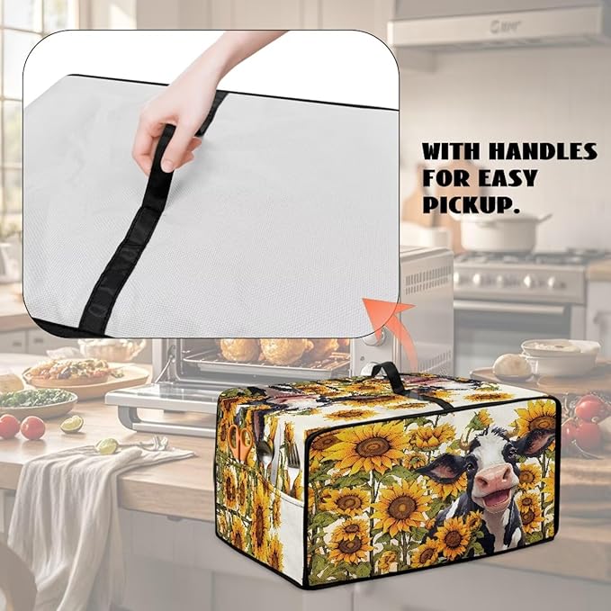 Cow Sunflower Print Toaster Oven Air Fryer Dust Cover Washable Heavy Duty Small Kitchen Appliance Dust Covers with Accessory Pockets Kitchen Accessories S