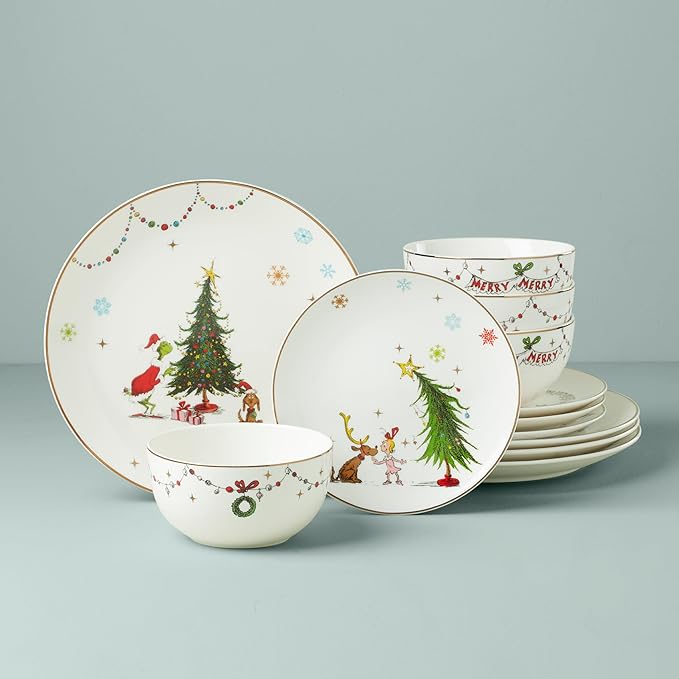 Lenox 895051 Merry Grinchmas 12-Piece Dinnerware Set Green 12 Count Christmas Holiday Hosting