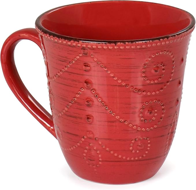 16 Piece Stoneware Dinnerware Set – Rustic Birch Embossed Plates and Bowls Dishwasher &amp Microwave Safe Dinner Set for 4 Elegant Scalloped Edges and Wood-Inspired Design (Red)