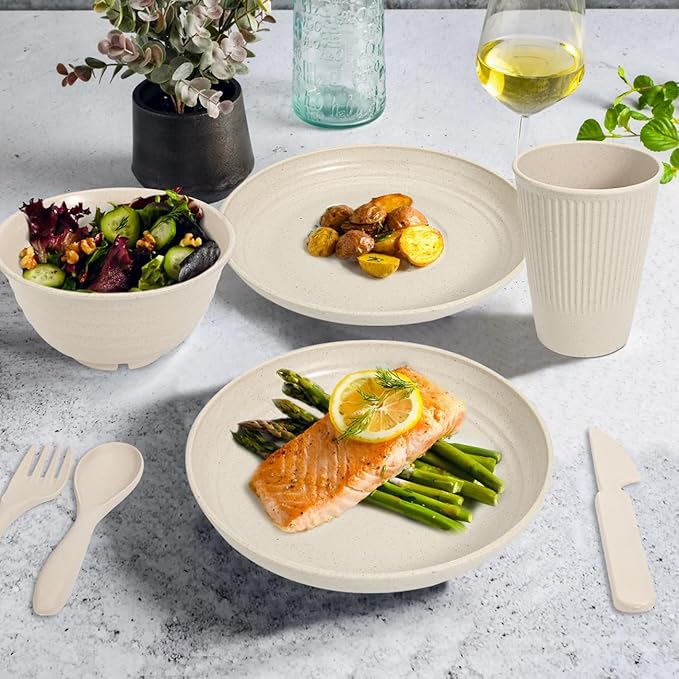 Wheat Straw Dinnerware Sets - SGAOFIEE 36 Piece Unbreakable Dinnerware Sets Reusable Wheat Straw Plates and Bowls Sets Travel Camping Cutlery Set Dishwasher Microwave Safe Dinnerware-Beige White