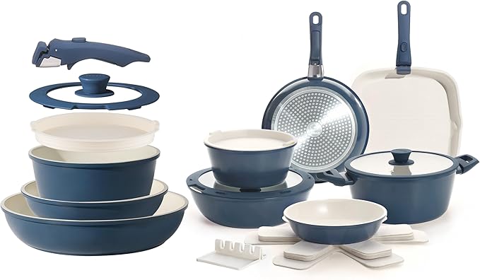 31pcs Ceramic Pots and Pans Set Nonstick Detachable Handle Cookware Induction Kitchen Cooking Set with Removable Handleinclude Frying Pans &amp Saucepans Oven Safe(Blue)
