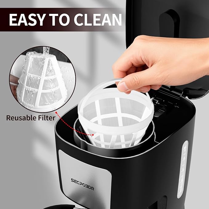 12-Cup Drip Coffee Maker with Reusable FilterProgrammable ClockAuto BrewWater WindowKeep Hot PlateGlass CarafeCompact Design for KitchenOfficeSilver and BlackStainless Steel