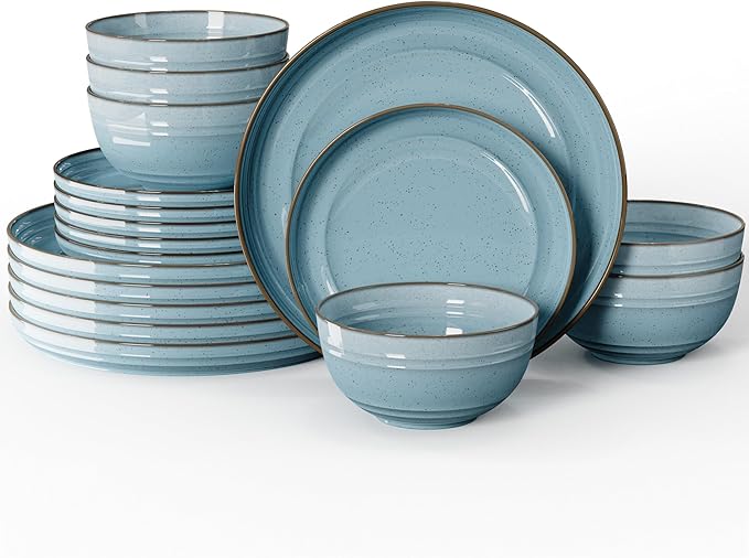 Sweese Plates and Bowls Sets Porcelain Dinnerware Sets for 6 18 pcs Handcrafted Glaze Embossed Dinner Set Scratch Resistant Dishware Dishwasher Oven Microwave Safe Ceramic Dish Set Gradient Blue