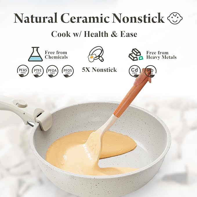 Ceramic Nonstick Cookware Set HealthyNon Toxic17-Pieces Pots and Pans Set Removable HandlesInduction RV Kitchen SetStain &amp Scratch-resistantDishwasher/Oven SafePFAS/PFOA FreeCream White