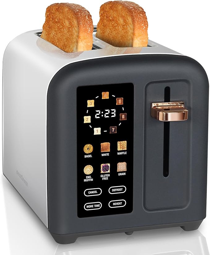 SEEDEEM Toaster 2 Slice Full Touch Control Stainless Toaster LCD Display 50% Faster Heating Speed 6 Bread Type 7 Shade Setting 1.5''Wide Slots Removable Crumb Tray 1350W Dark Chocolate