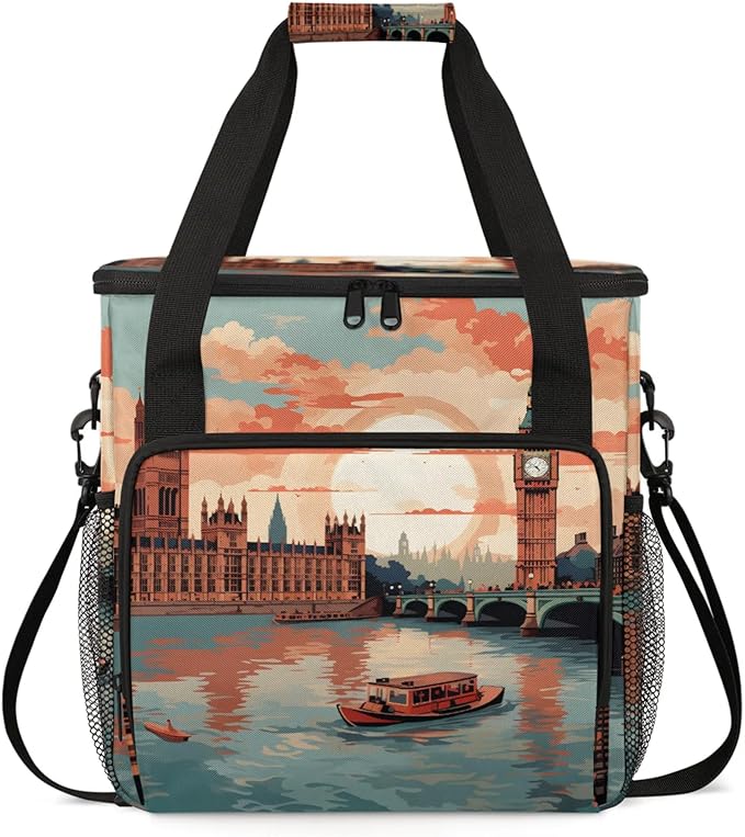 City Landscape Coffee Maker Travel Bag for Keurig K-Mini/K-Mini Plus Insulated Waterproof Tote with Pockets for K-Cup Portable Single-Serve Brewer Case