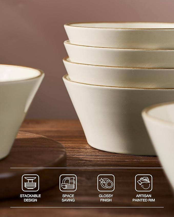 Famiware Saturn Plates and Bowls Dish Sets for 6 (18 Pieces) Stoneware Dinnerware Set with Hand-Painted Trim - Chip &amp Scratch Resistant Microwave &amp Dishwasher Safe Ceramic Dishes Vanilla Wh